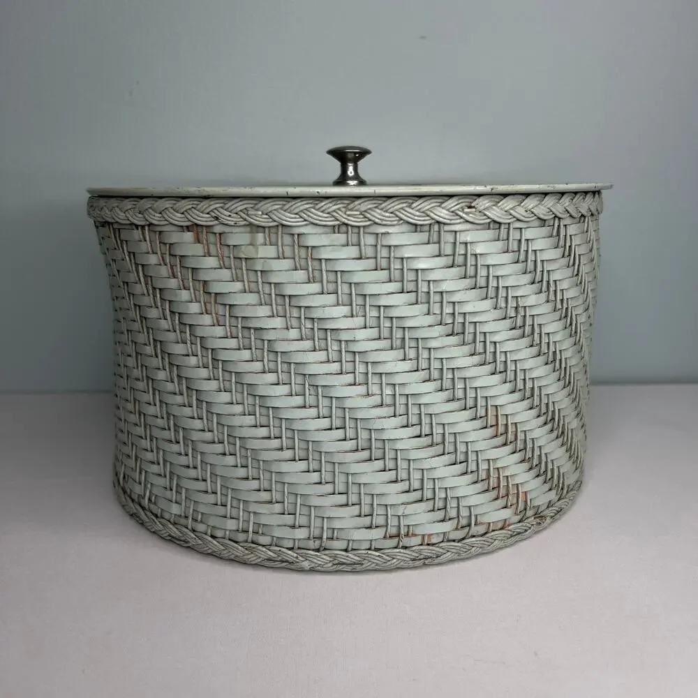 Vtg 60s Harvey Wicker Woven Lidded Sewing Basket  Box Cottage Floral Top Decal